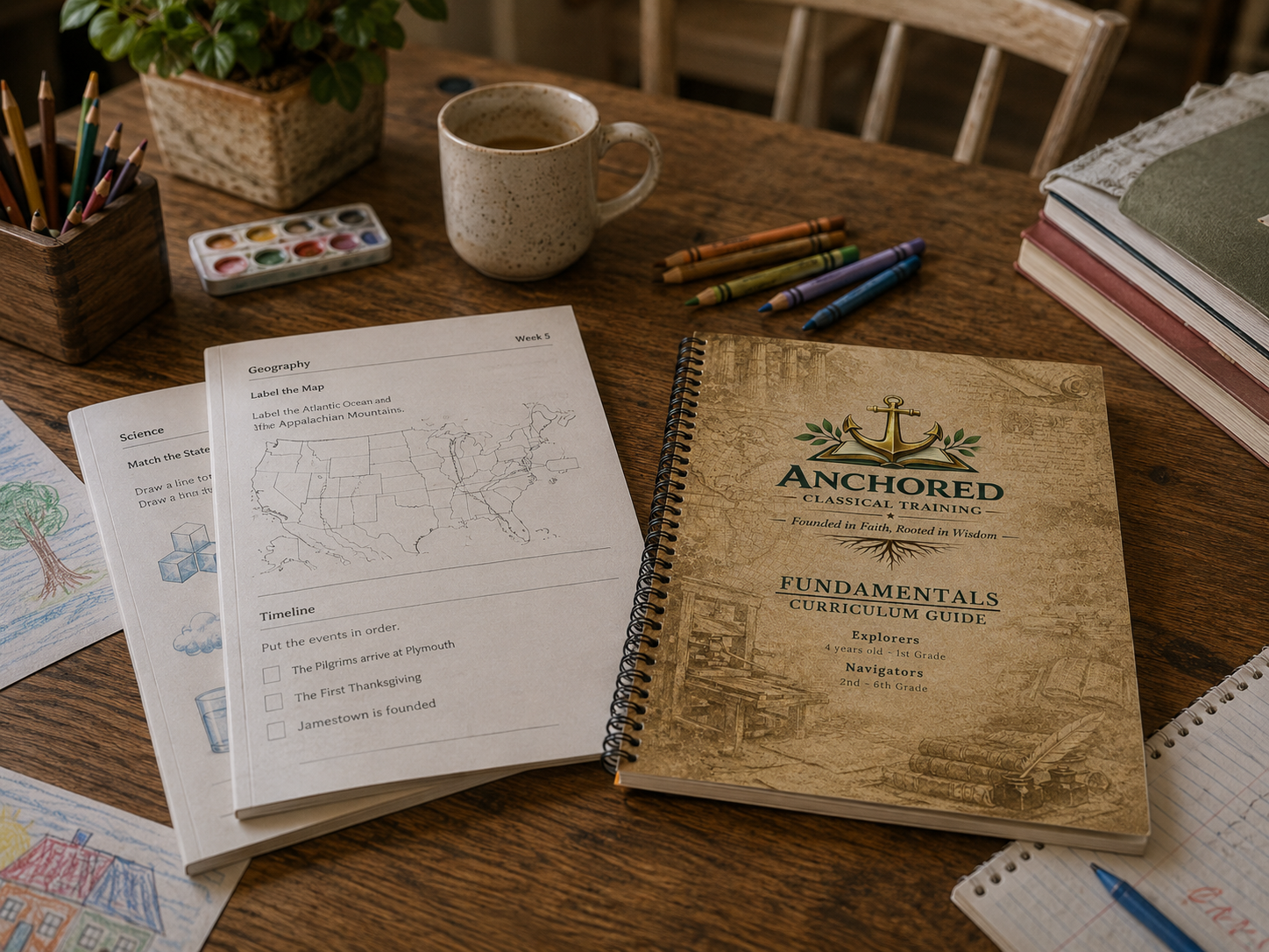 Classical curriculum books and study materials on a wooden table